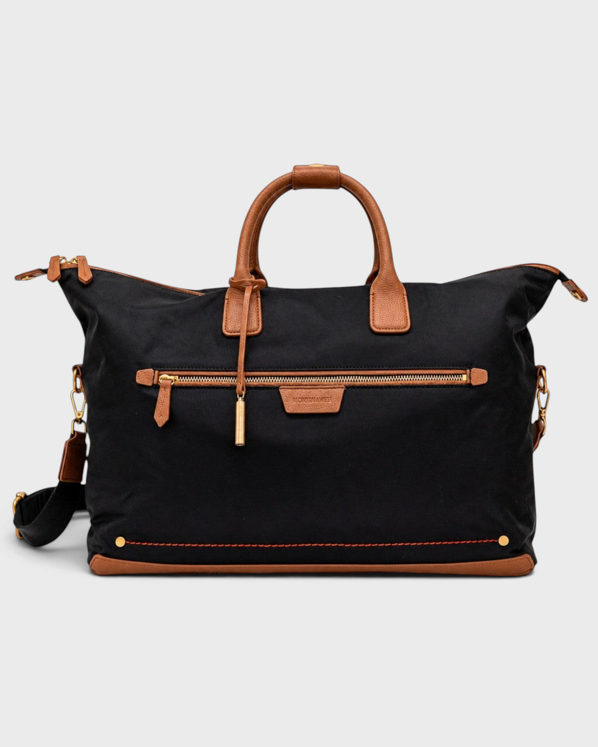 Montemaré Oslo premium black waterproof nylon weekender bag with tan leather trim and gold hardware