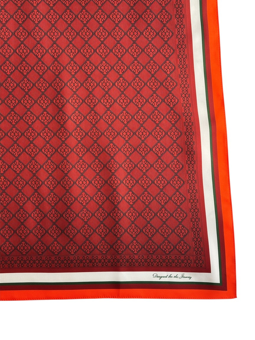 Montemaré Original silk square scarf featuring a red geometric diamond pattern with orange and white border stripes.