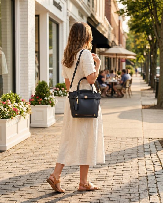 Woman wearing a black Montemaré Mayfair Tall Crossbody bag with a tassel, walking on a sunny city sidewalk.