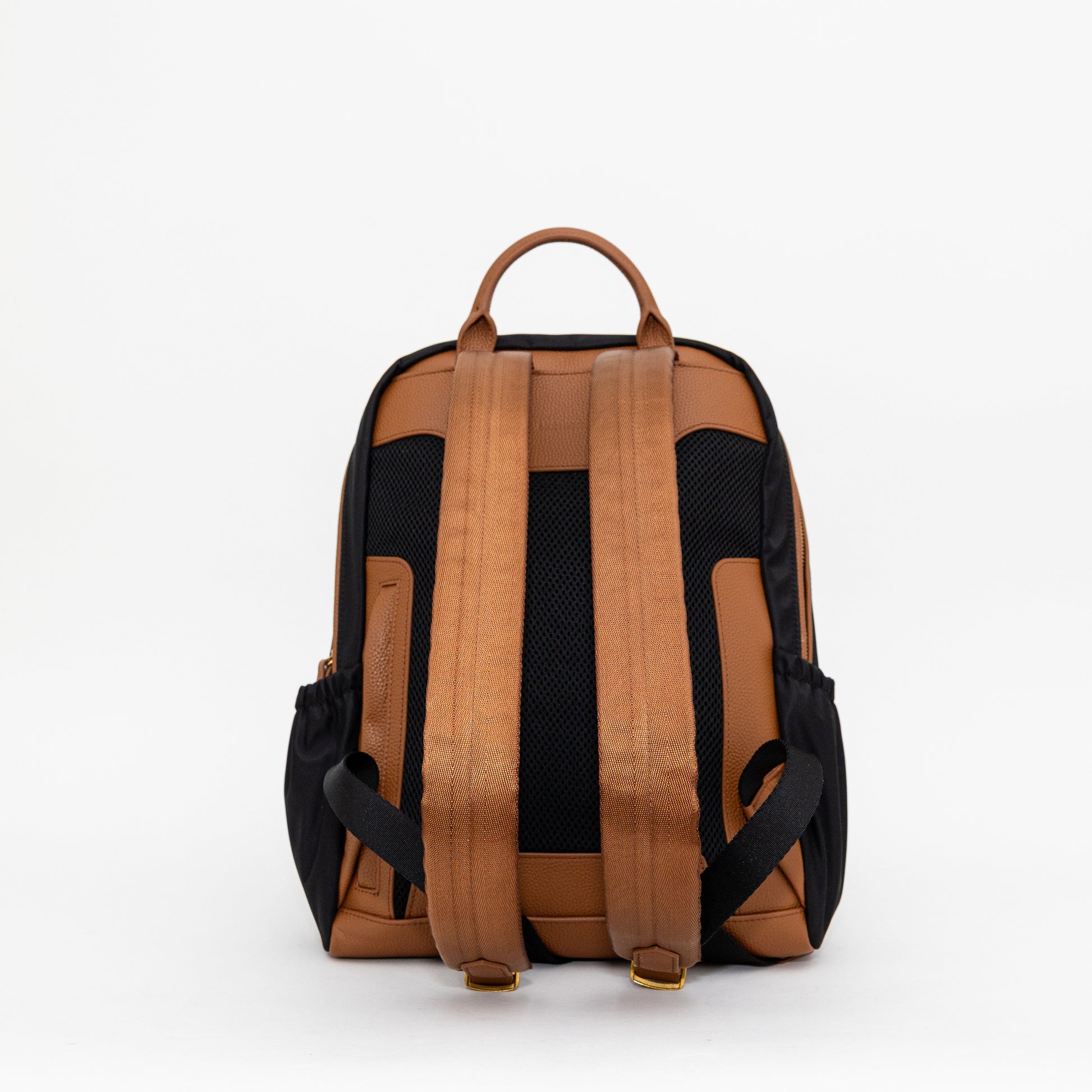 Black backpack with brown straps on a white background