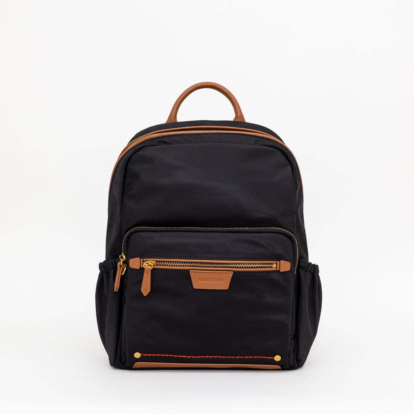 Black backpack with brown accents on a white background