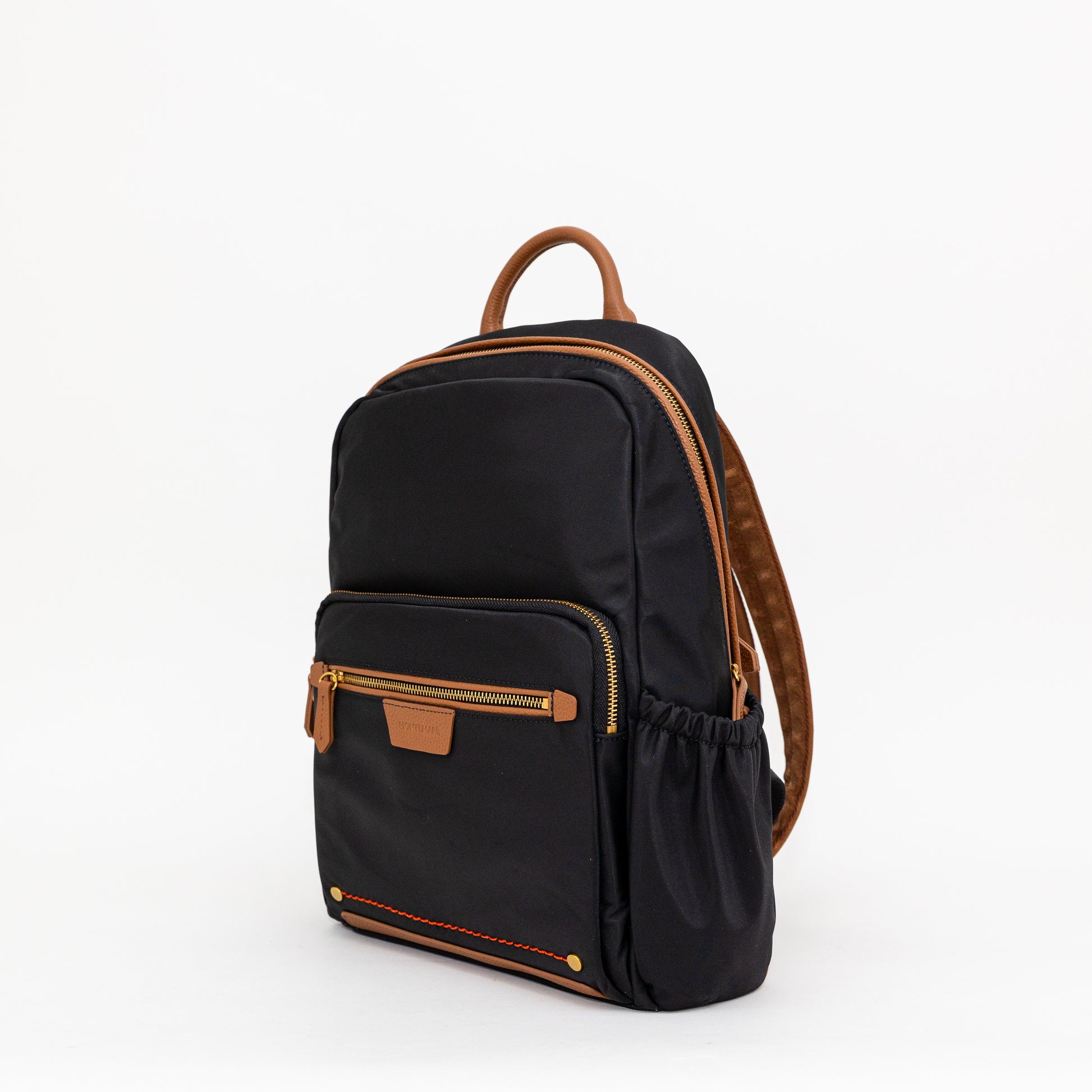 Black backpack with brown accents on a white background