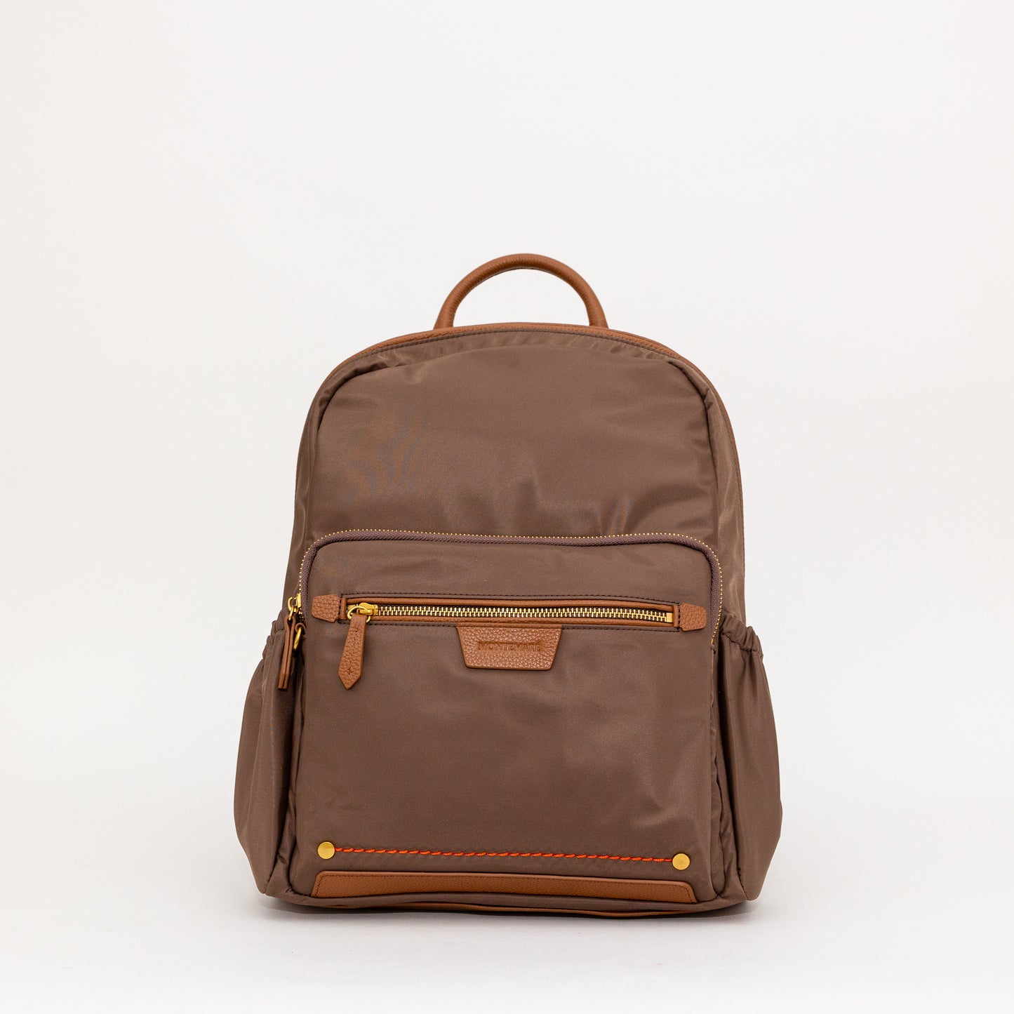 Brown backpack with leather accents on a white background