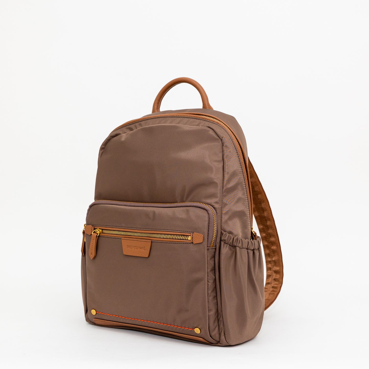Brown backpack with leather accents on a white background