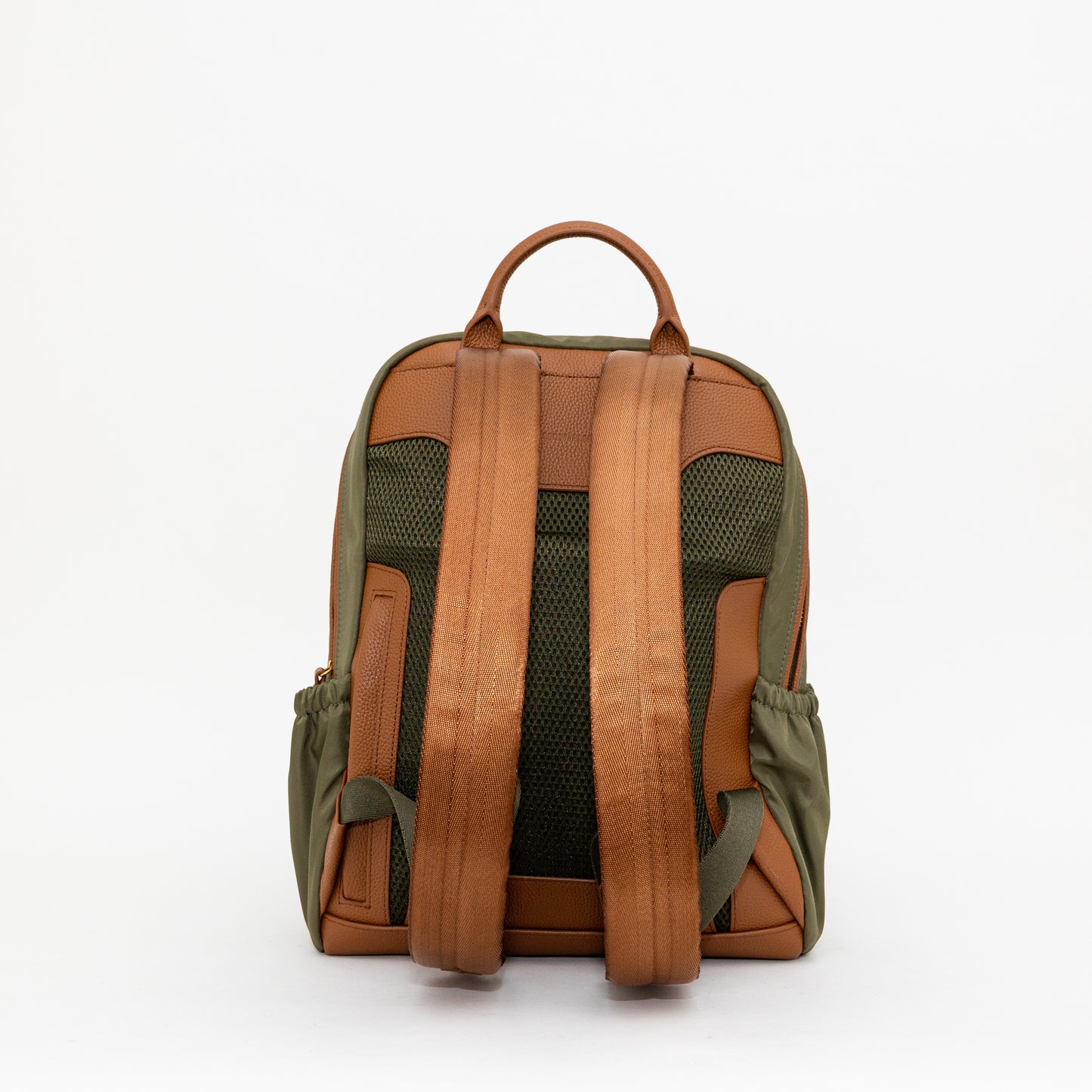 Backpack with brown straps and green body on a white background