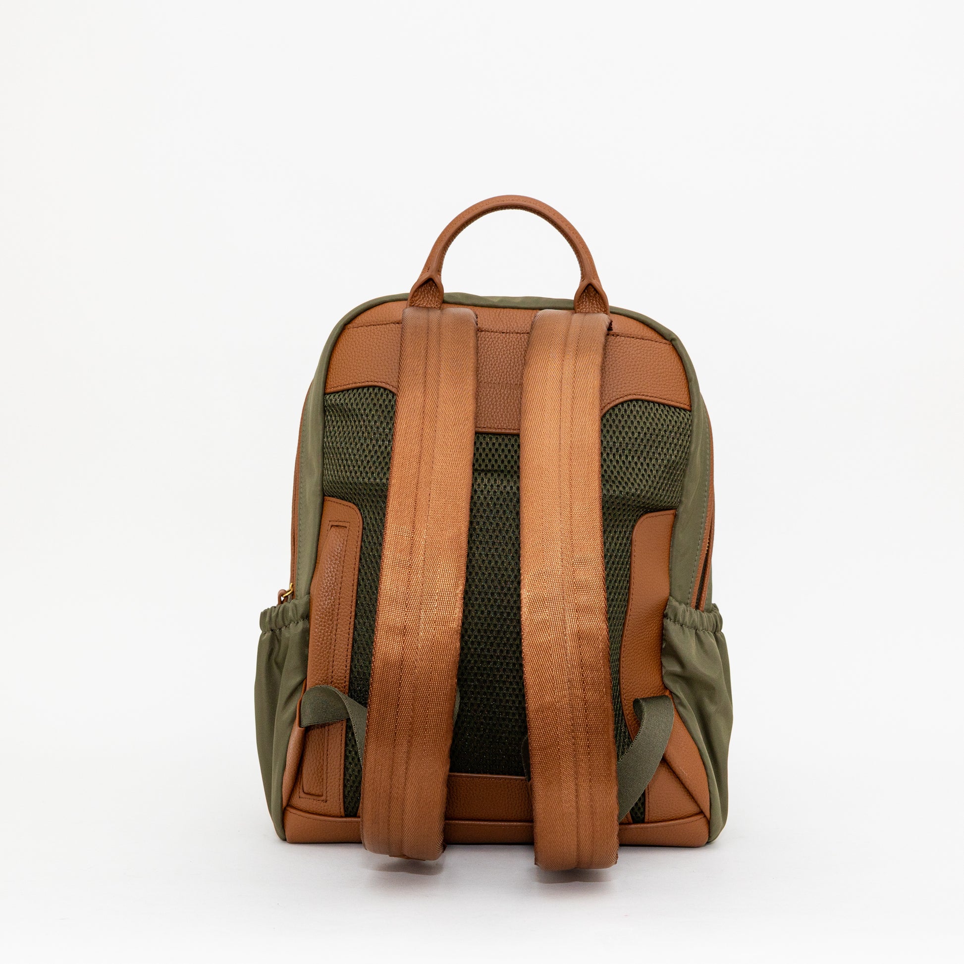 Backpack with brown straps and green body on a white background