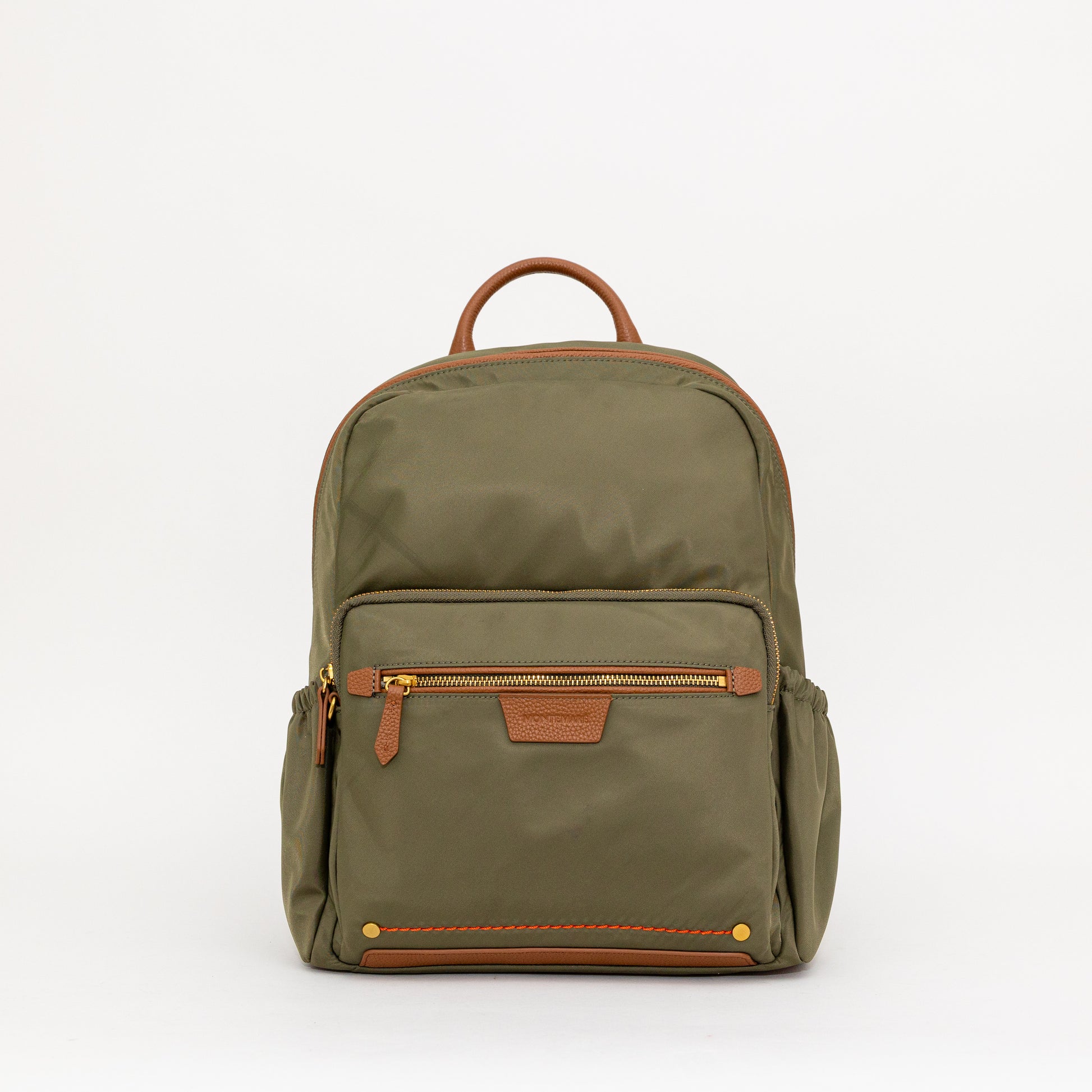 Green backpack with brown accents on a white background