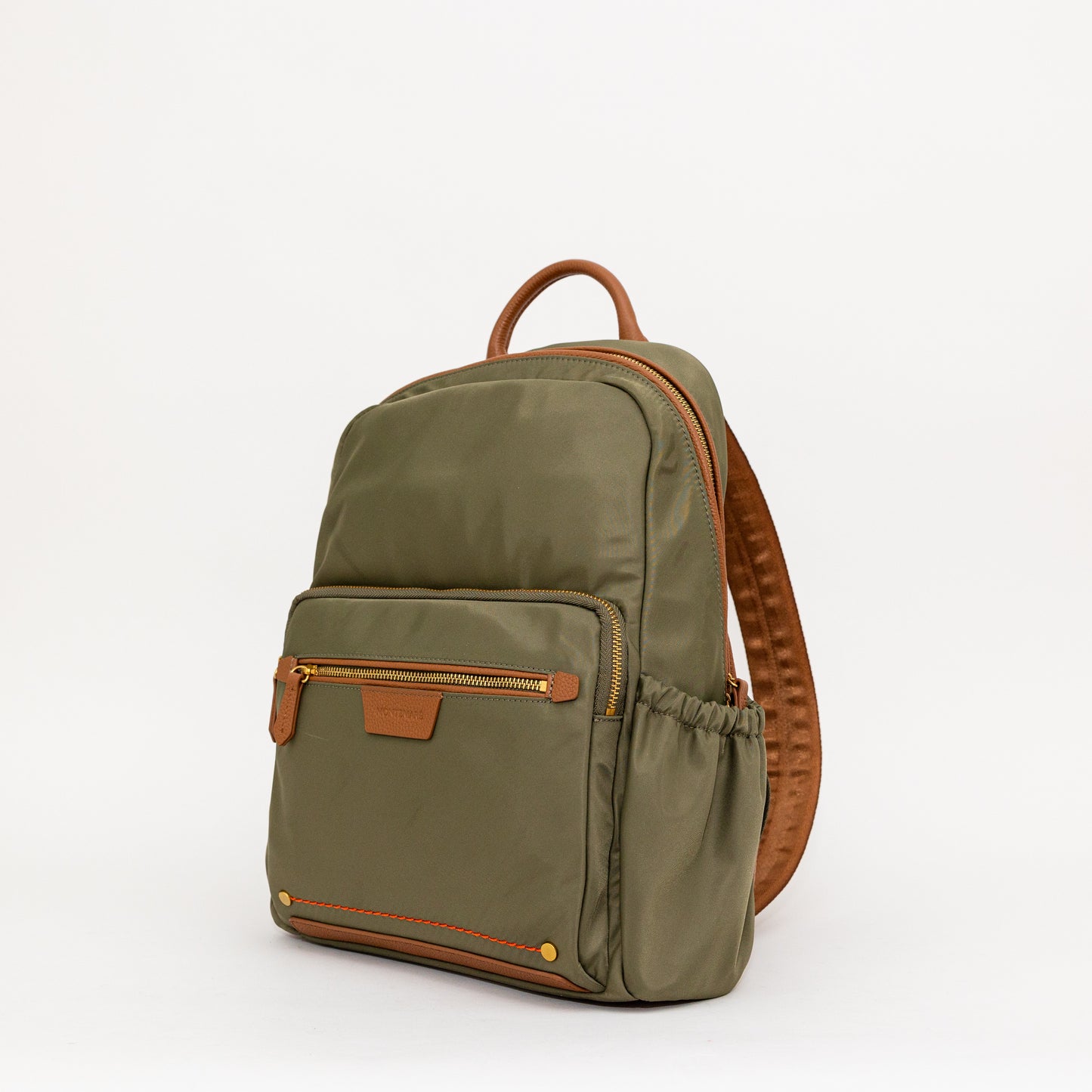Green backpack with brown accents on a white background