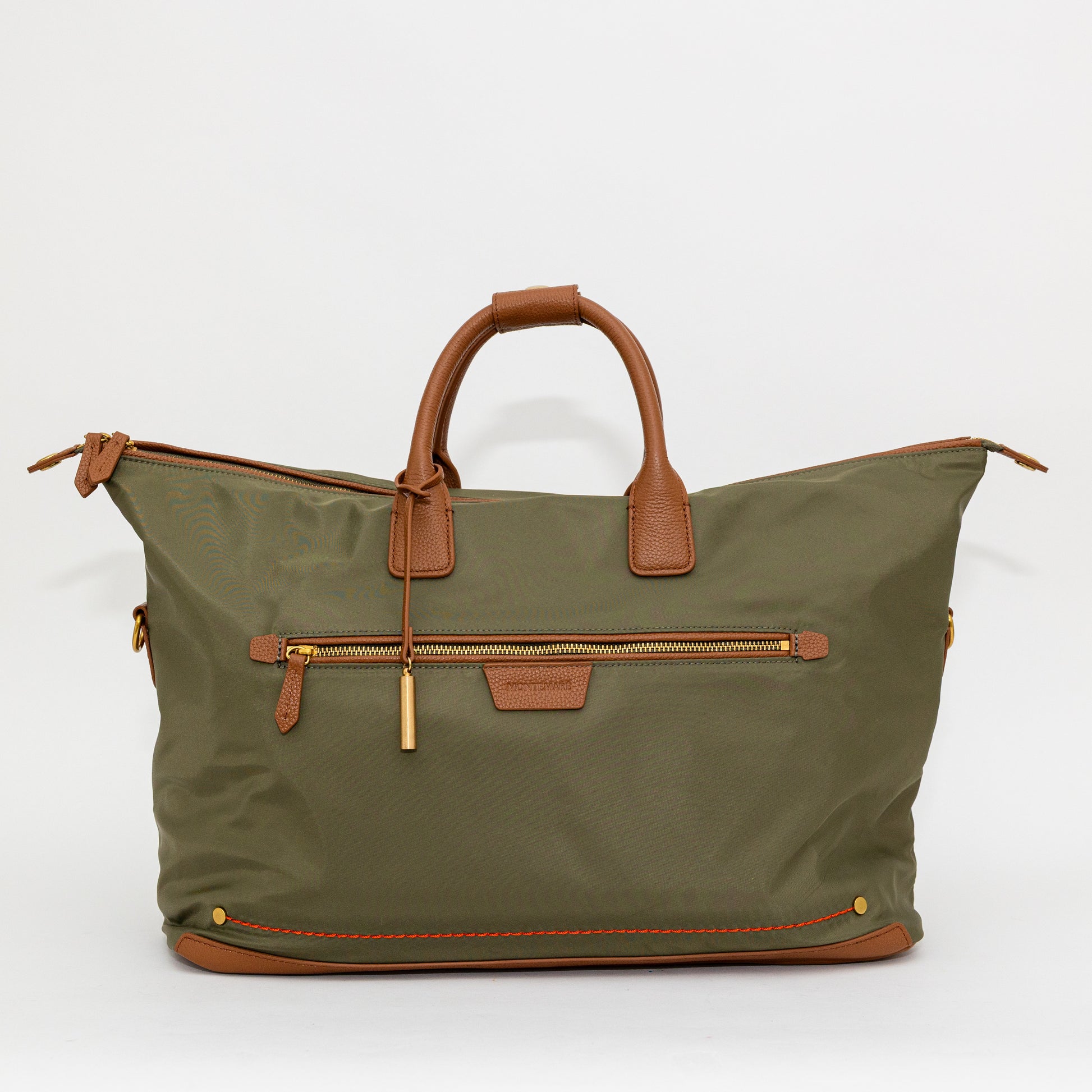Green carry on bag with brown handles and trim on a white background