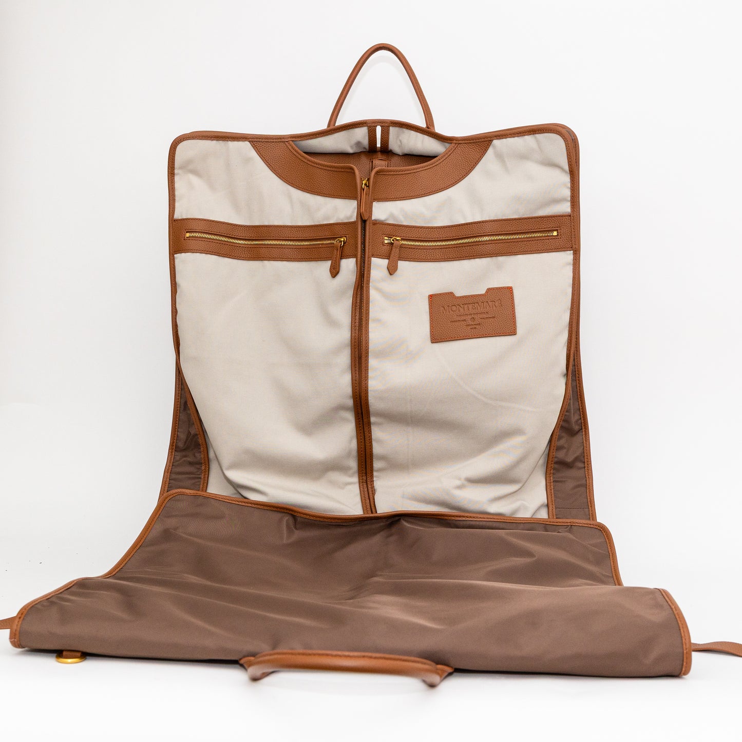 Brown and beige garment bag on a white background