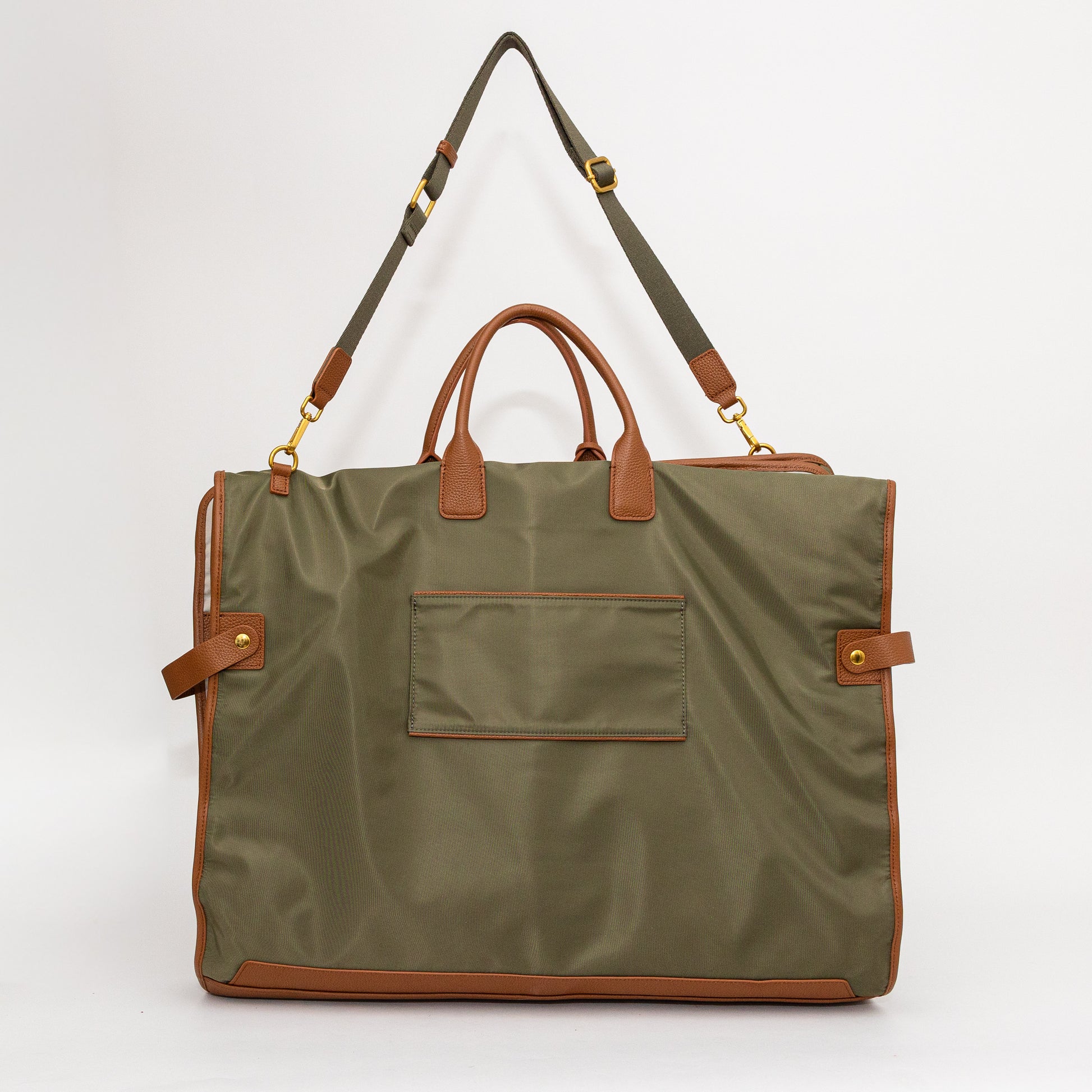 Green garment bag with brown accents on a white background