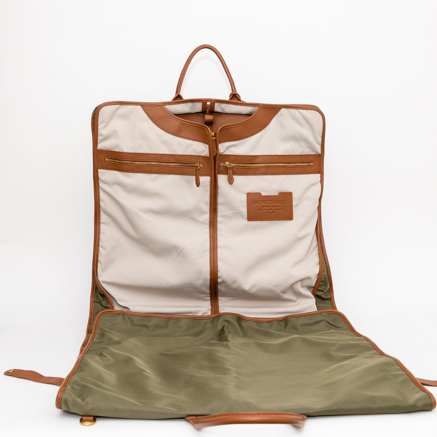 Greengarment bag with brown accents on a white background