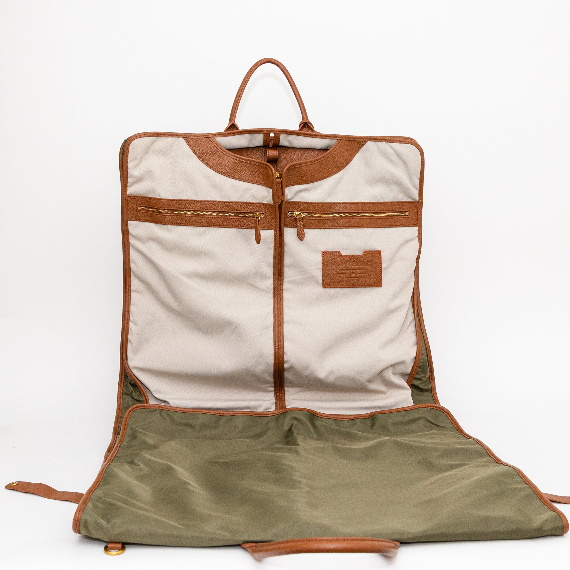 Greengarment bag with brown accents on a white background