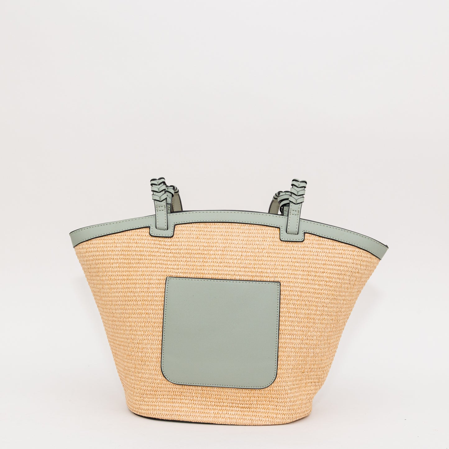 Woven handbag with a light blue pocket on a white background