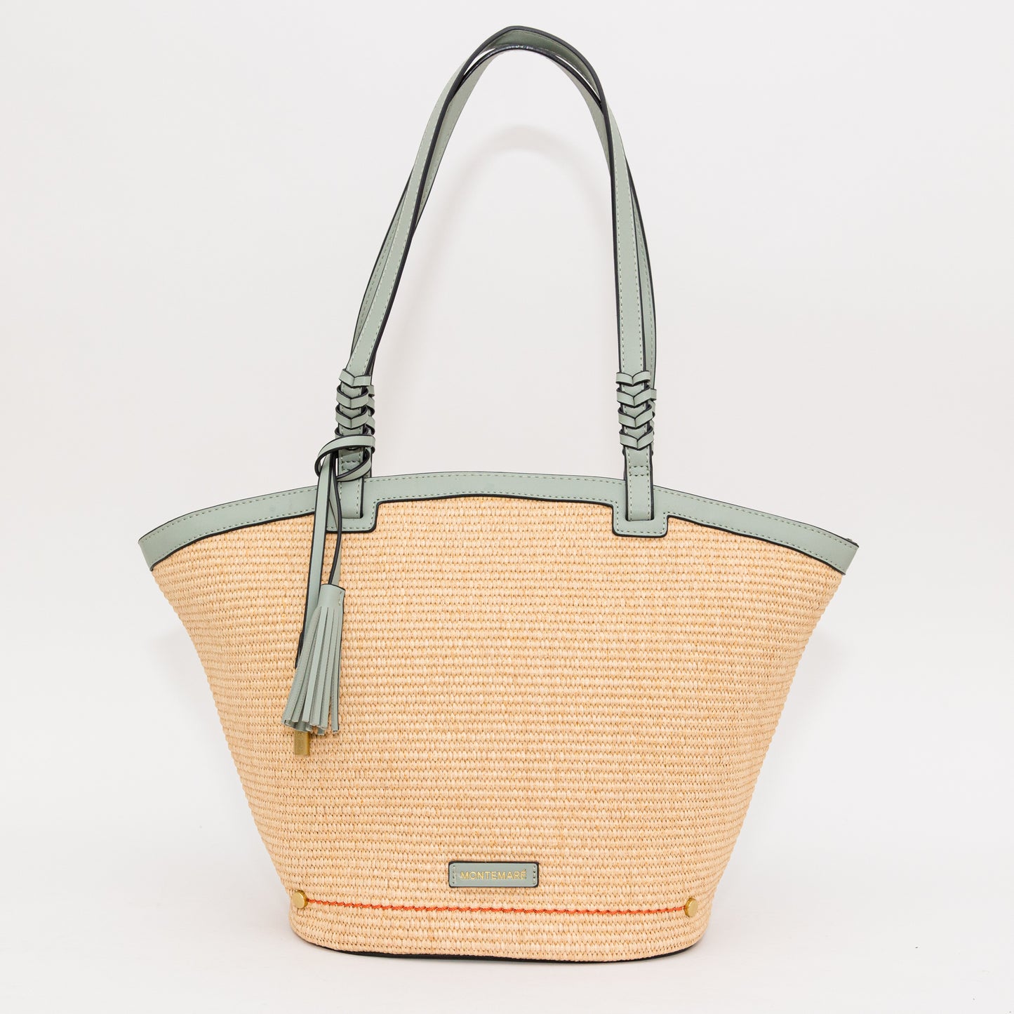 Woven handbag with a blue handle and trim on a white background