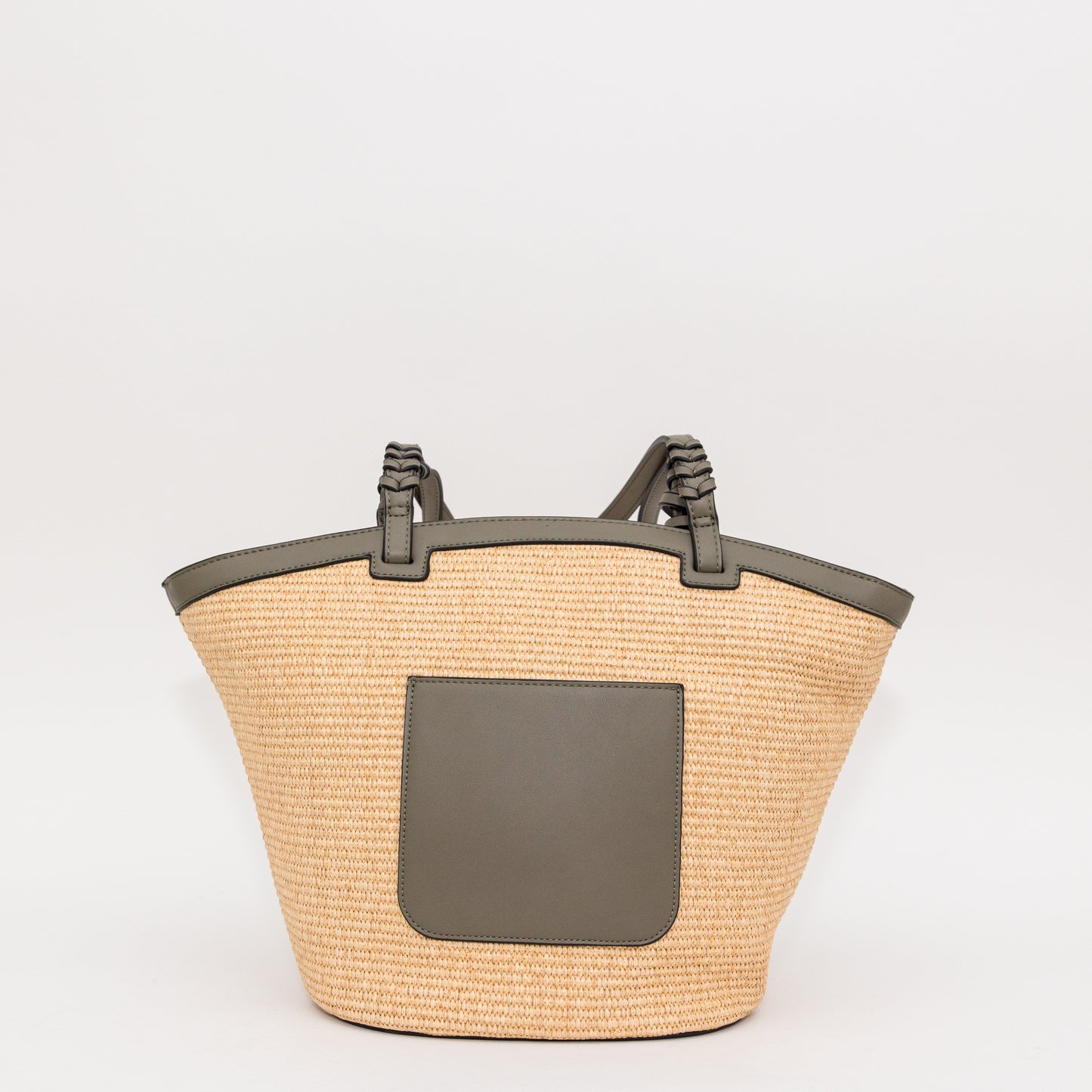 Woven bag with a dark green flap and pocket on a light gray background
