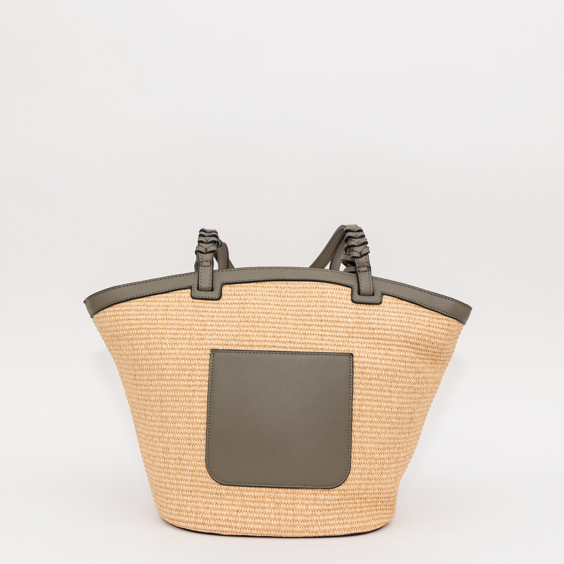Woven bag with a dark green flap and pocket on a light gray background