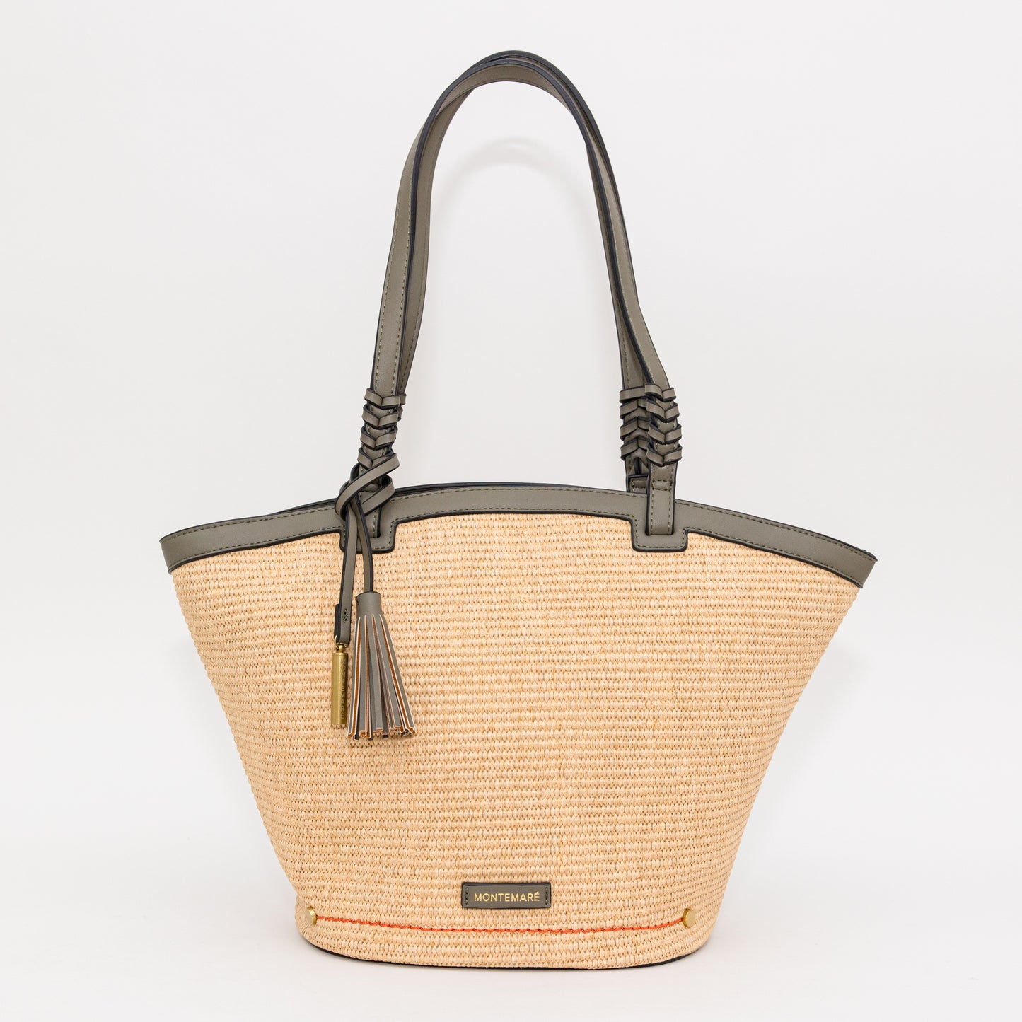 Woven handbag with dark green accents on a white background