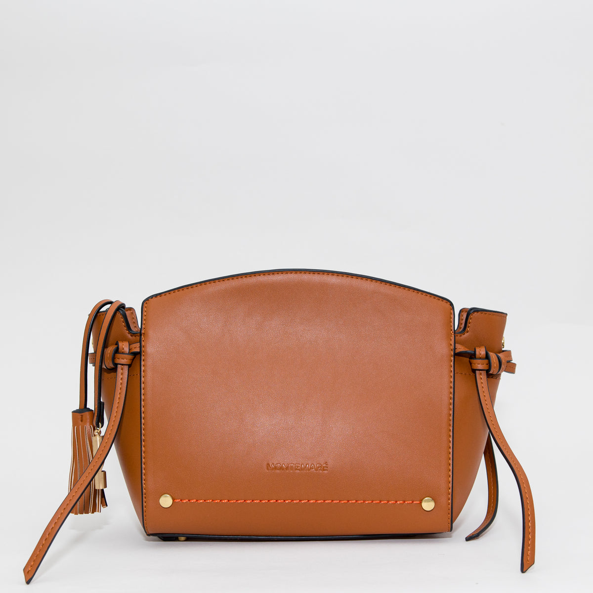 Brown leather handbag with gold accents on a white background