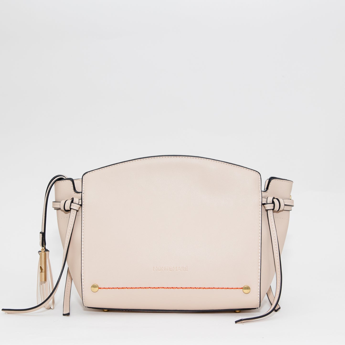 Beige handbag with orange stitching on a white background