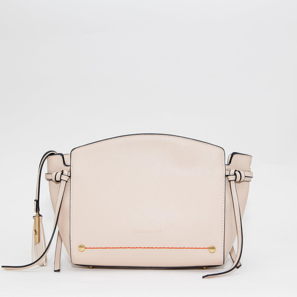 Beige handbag with orange stitching on a white background