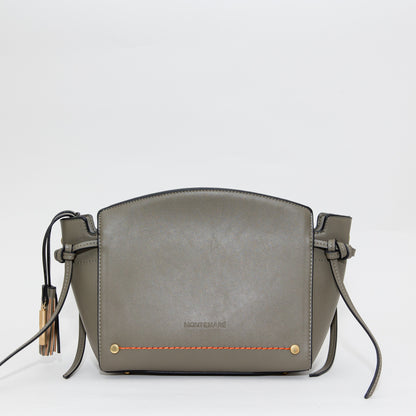 Olive green leather handbag with orange stitching on a white background