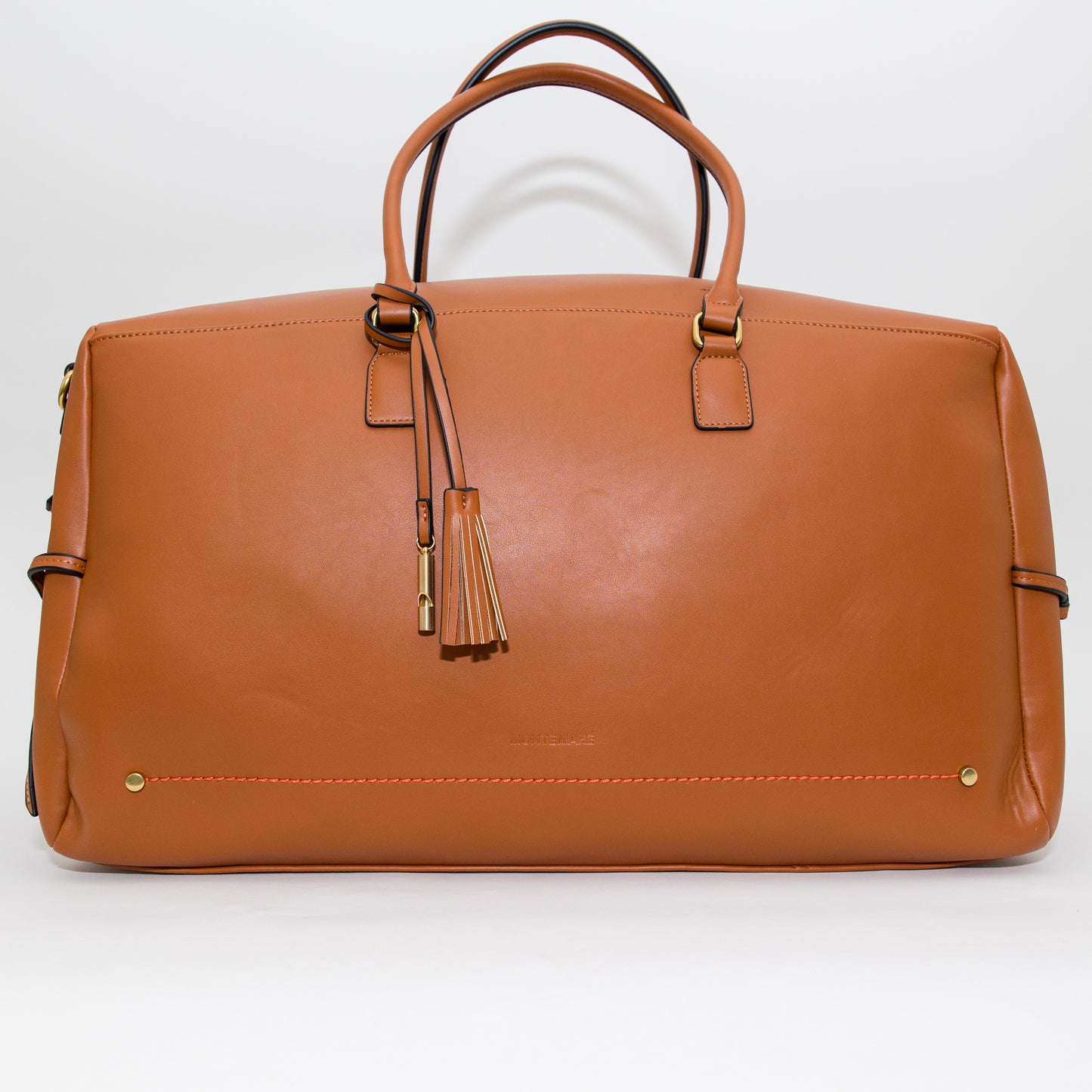 Brown leather  duffel bag with gold accents on a white background