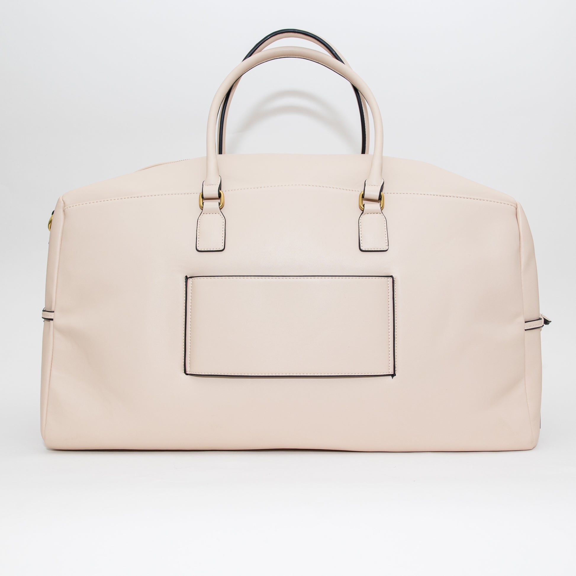 Beige handbag with gold accents on a white background