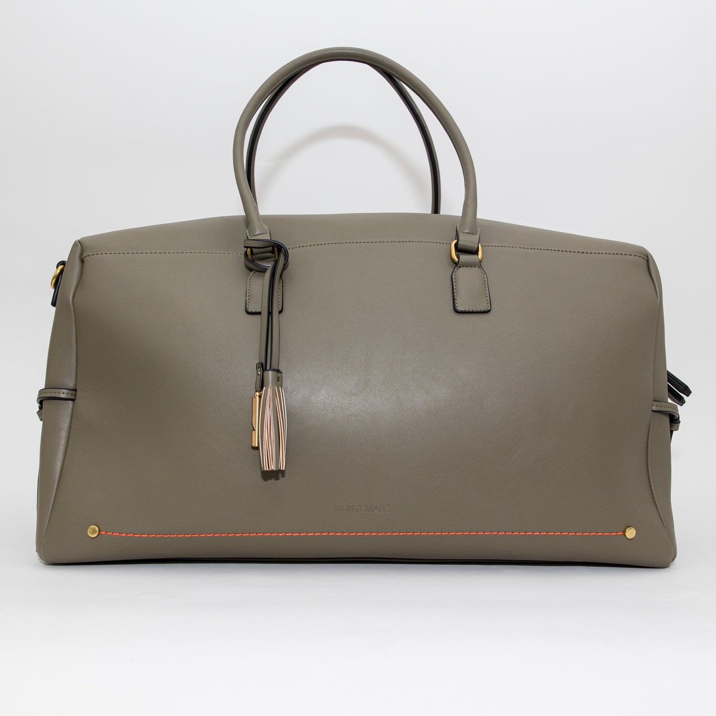 Olive green leather handbag with decorative tassel on a white background