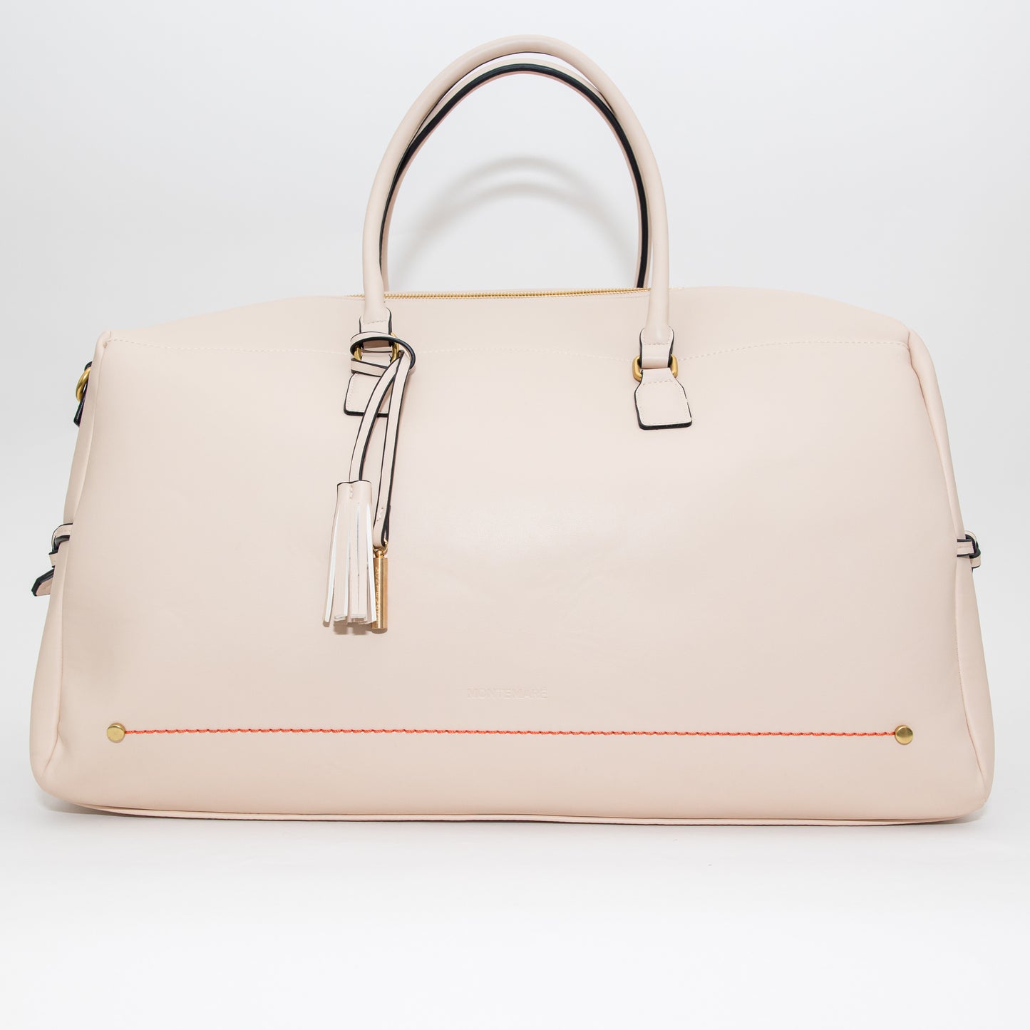 Beige handbag with gold accents on a white background