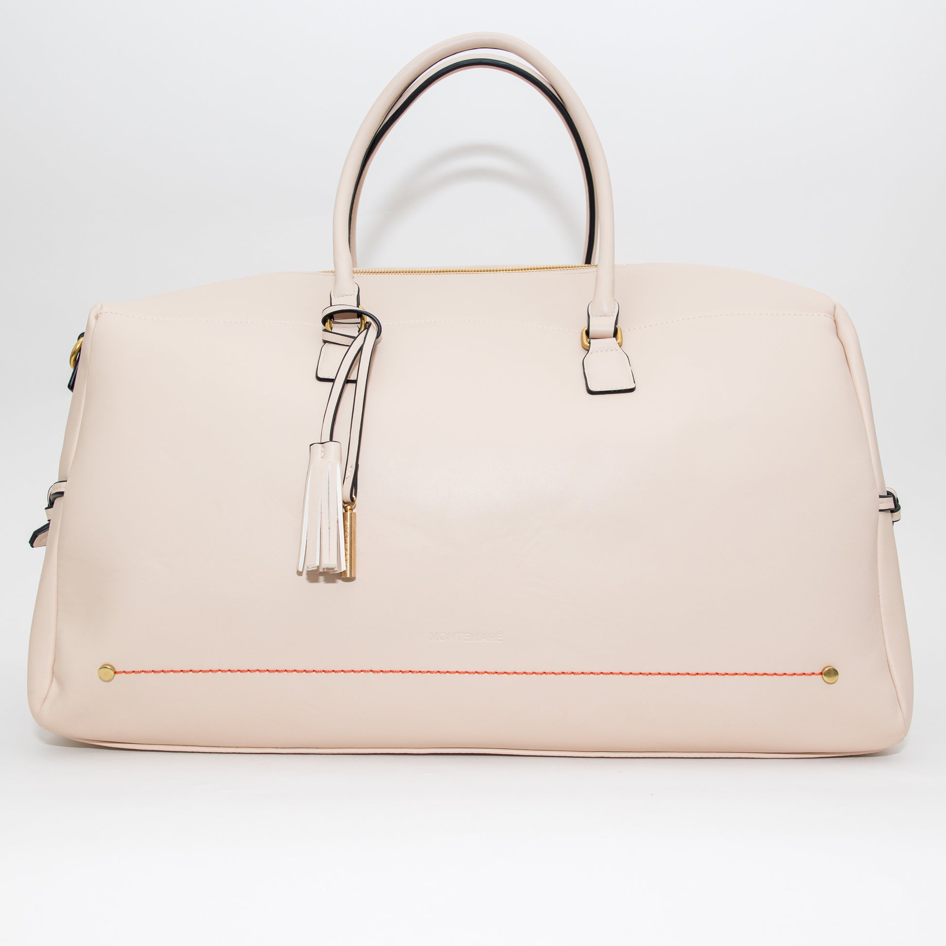 Beige handbag with gold accents on a white background