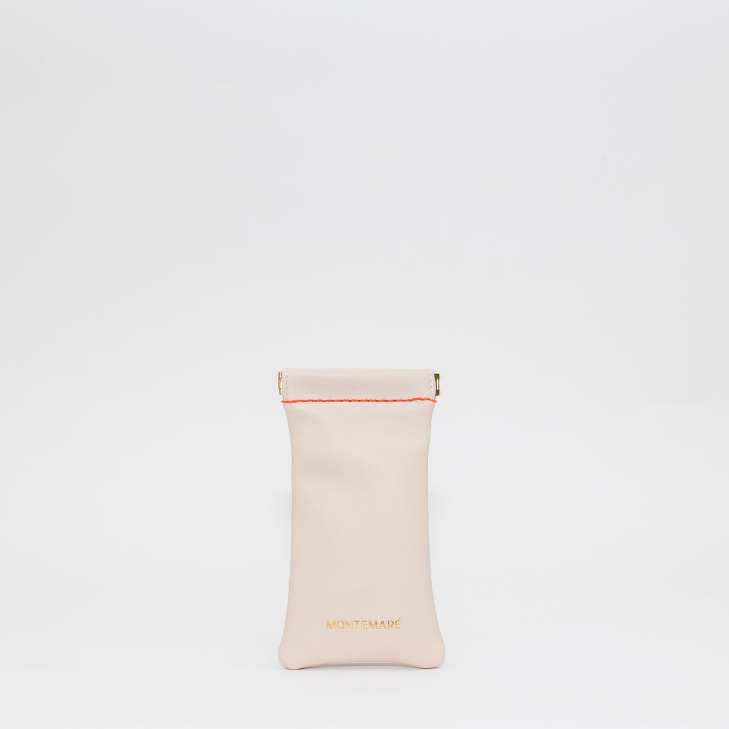 Beige glasses case with a visible brand name on a white background