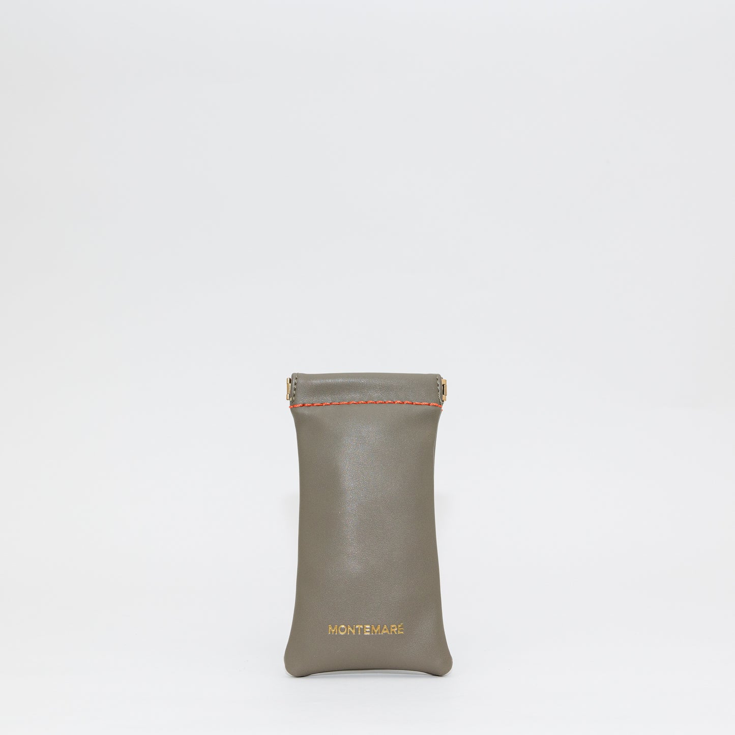 Olive leather glasses case with orange stitching on a white background