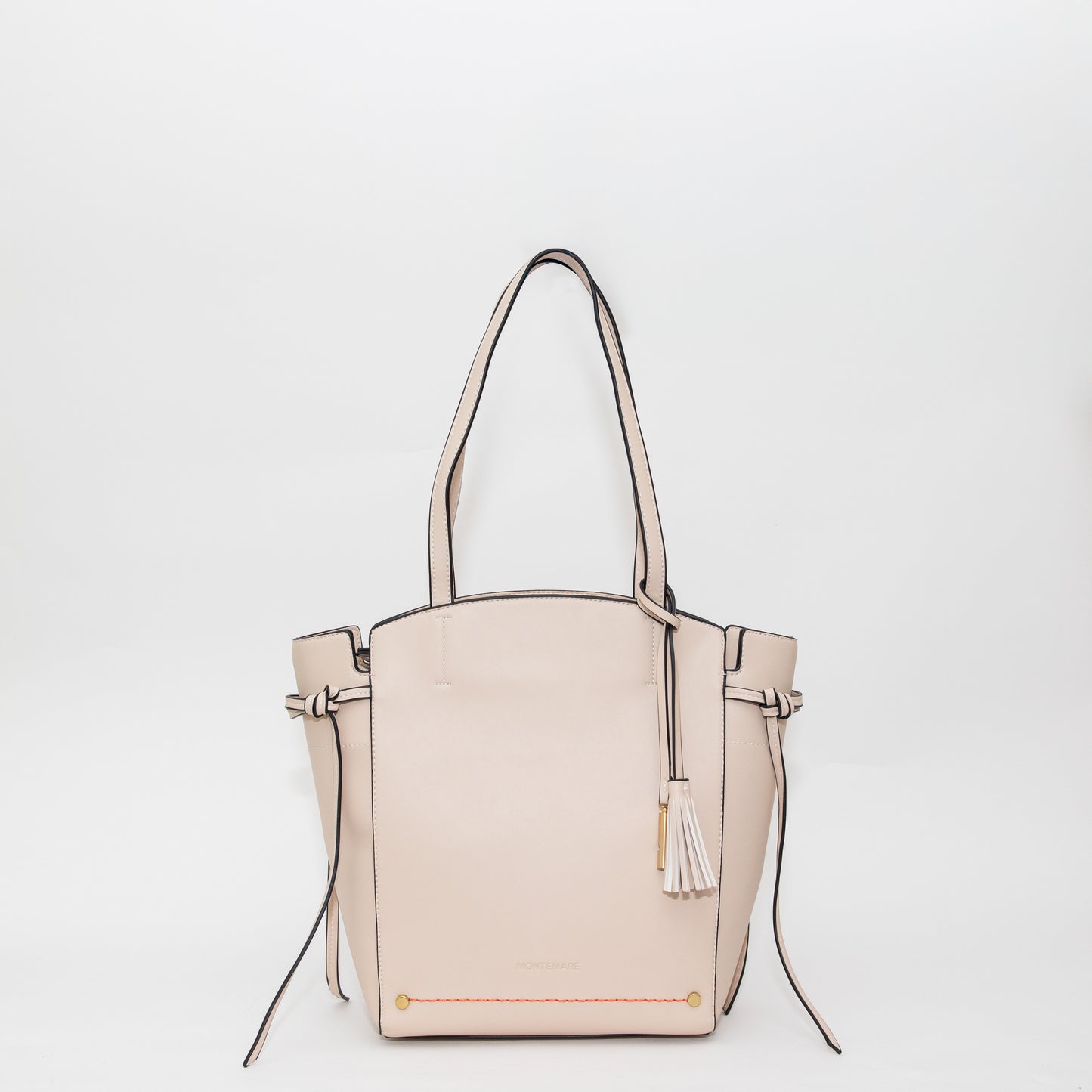 Beige handbag with a tassel on a white background