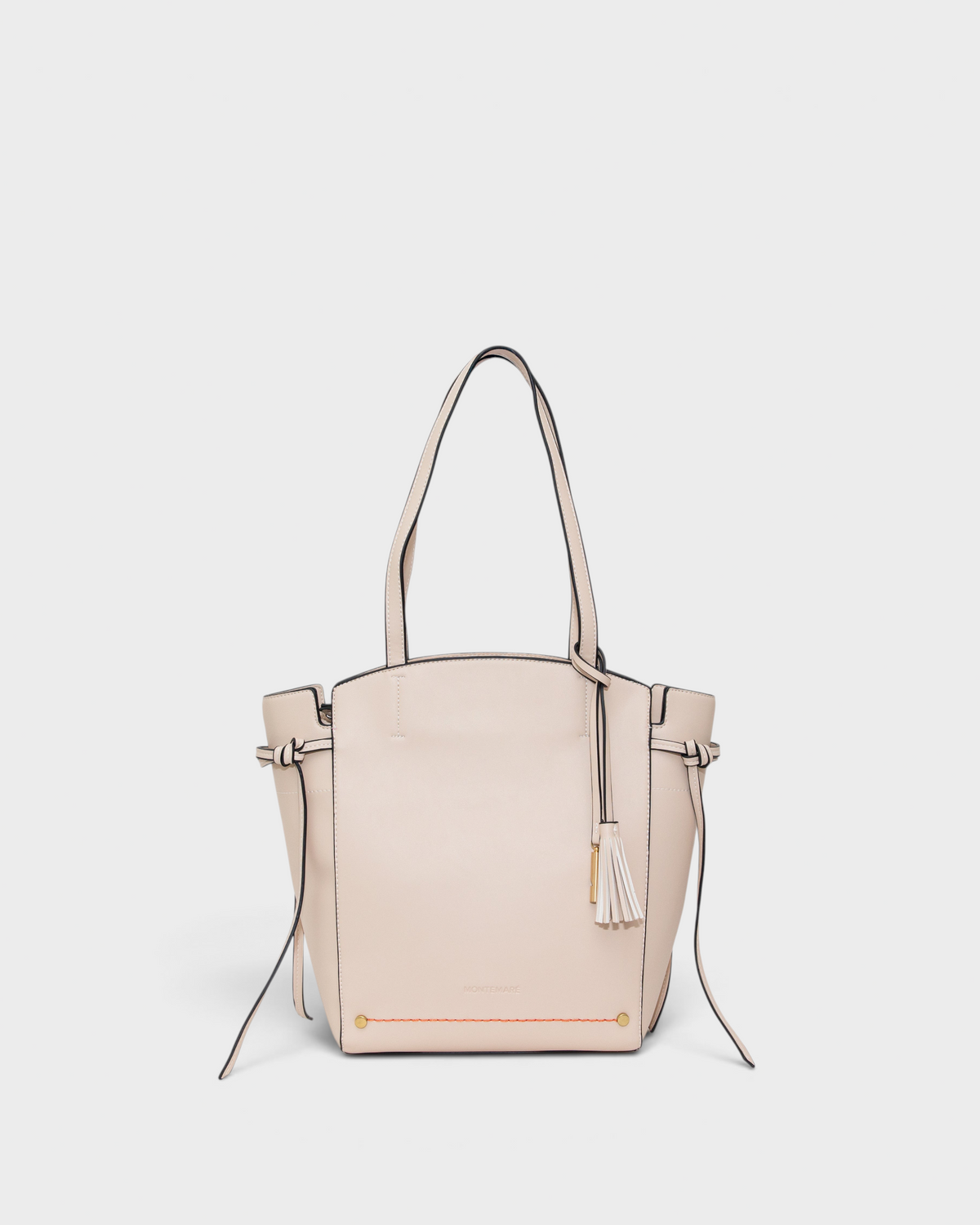 Beige handbag with a tassel on a white background