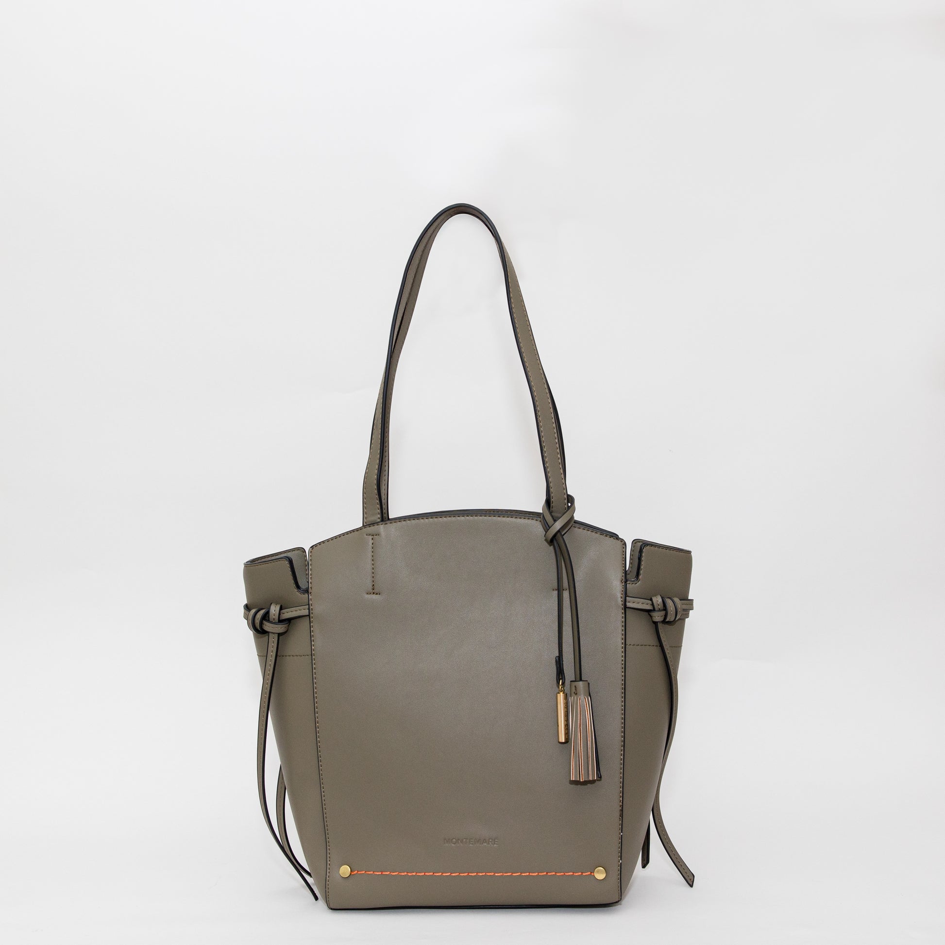 Gray handbag with a strap on a white background