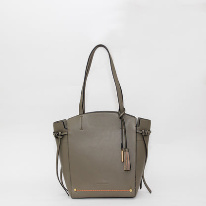 Gray handbag with a strap on a white background