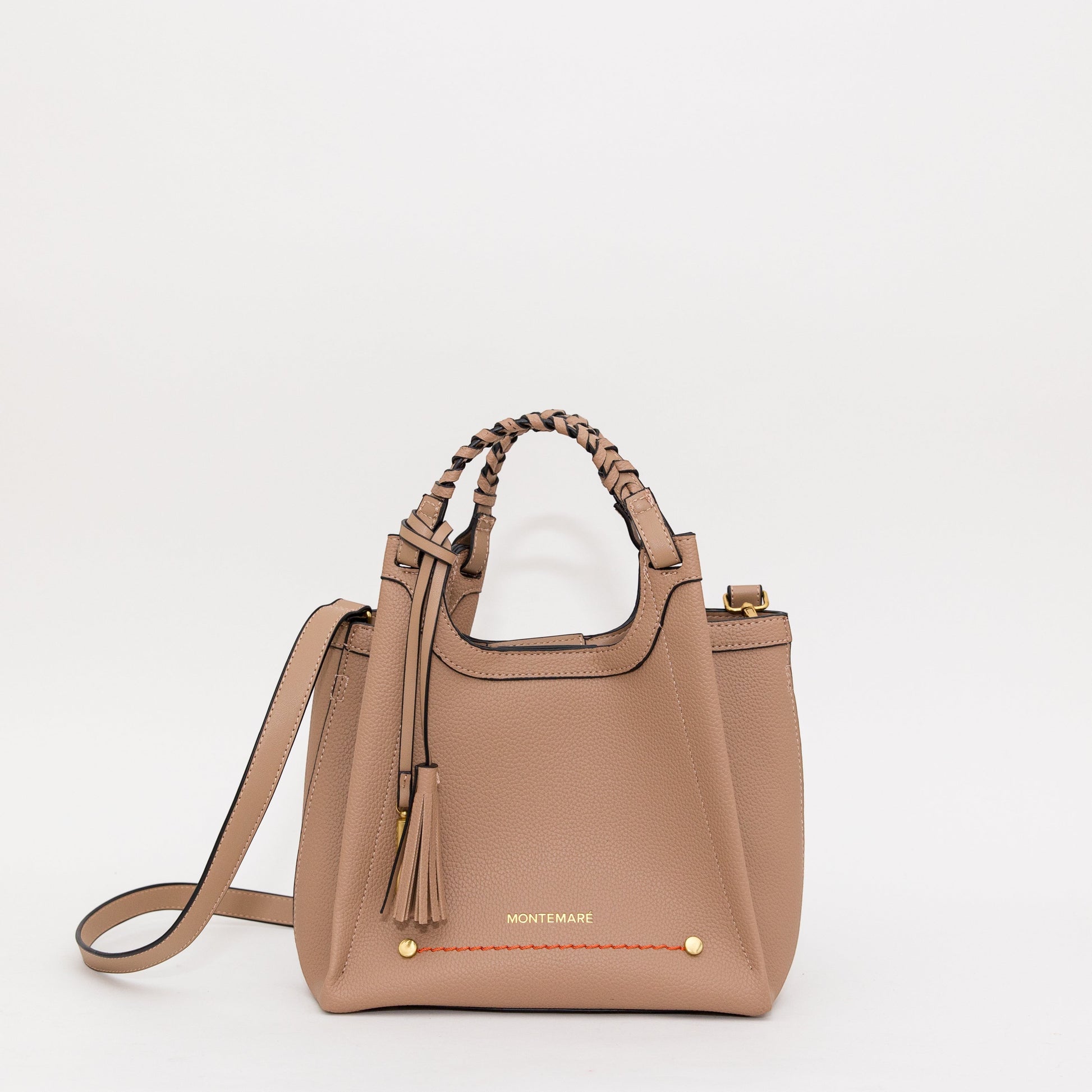 Montemaré Sedona Crossbody in Latte on white background, premium vegan leather