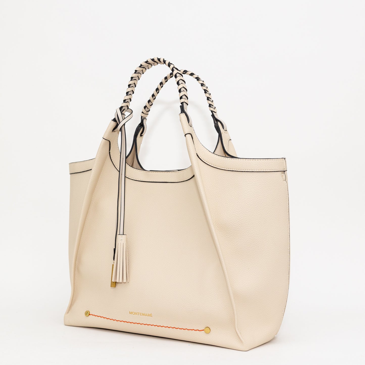 Cream handbag with chain handle on a white background