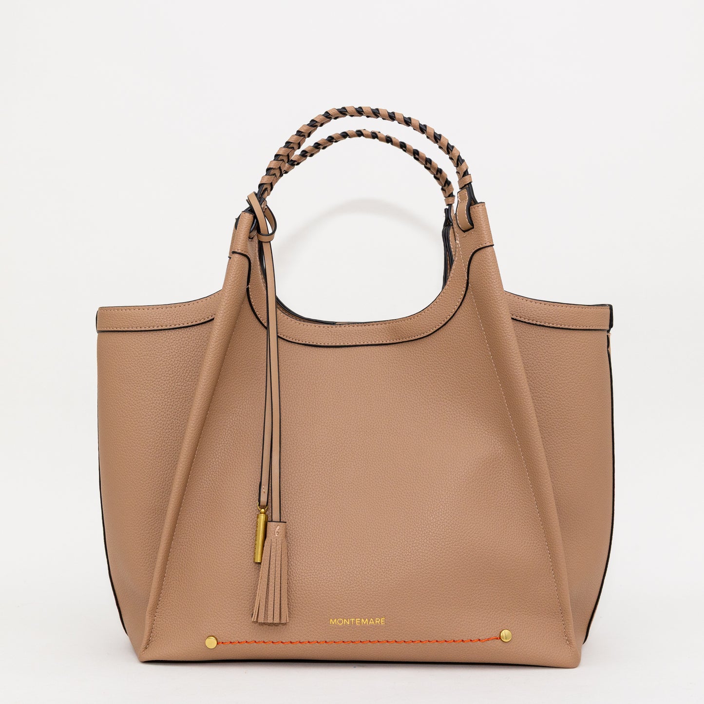 Beige handbag with braided handle on a white background