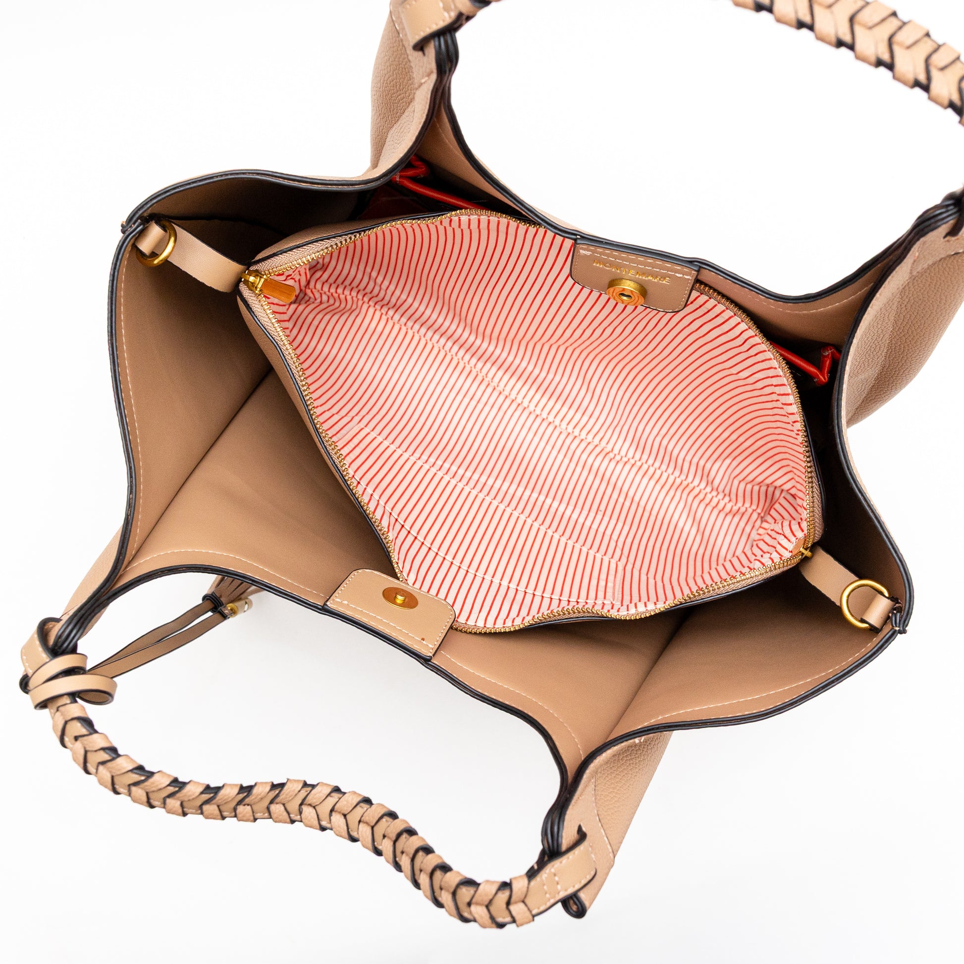Beige handbag with a stripe interior on a white background
