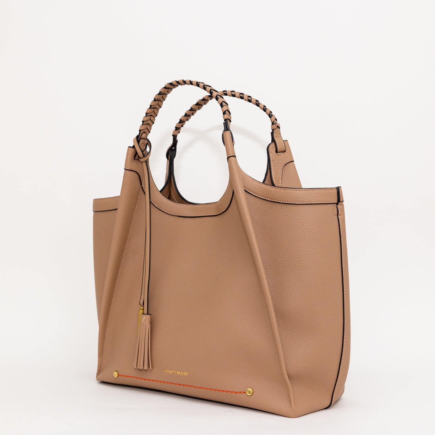 beige tote bag with braided handles on a white background