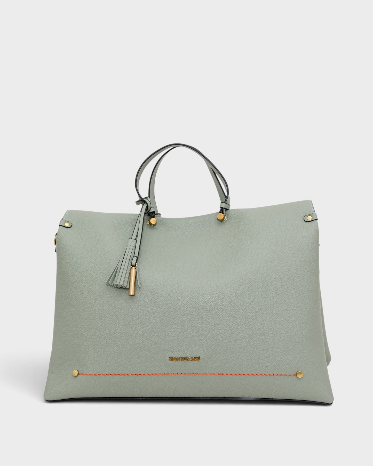 Light blue handbag with gold accents on a white background