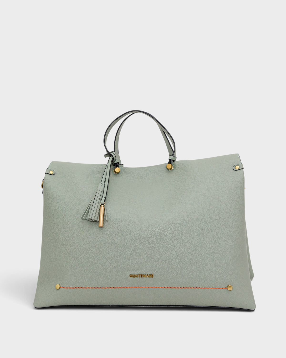 Light blue handbag with gold accents on a white background