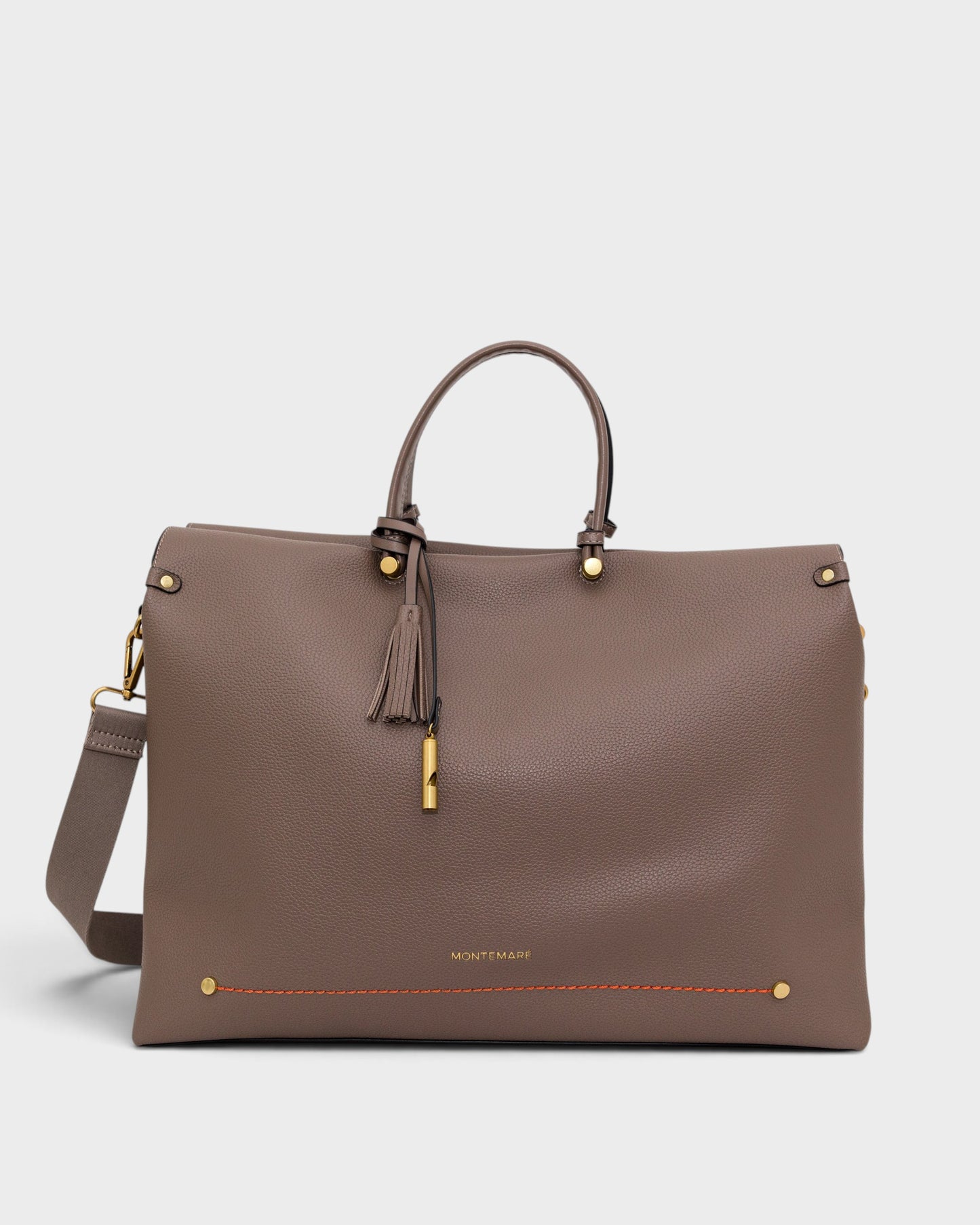 Brown handbag with gold accents on a white background