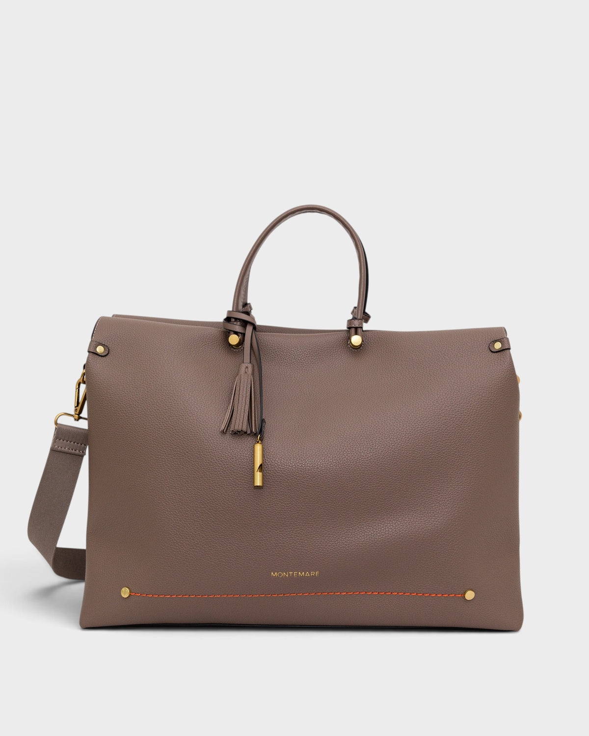 Brown handbag with gold accents on a white background