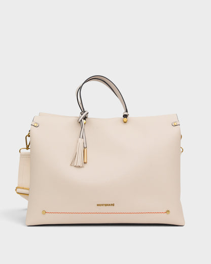 White handbag with gold accents on a white background