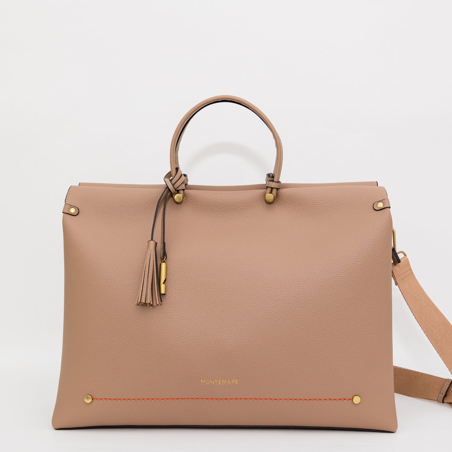 Beige leather handbag with gold accents on a white background