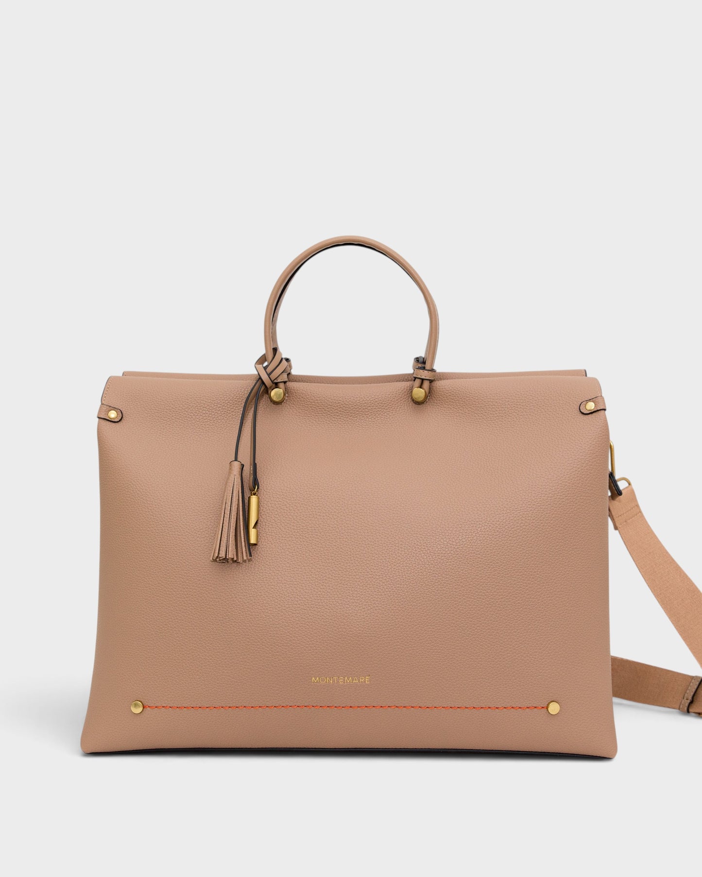 Beige leather handbag with gold accents on a white background