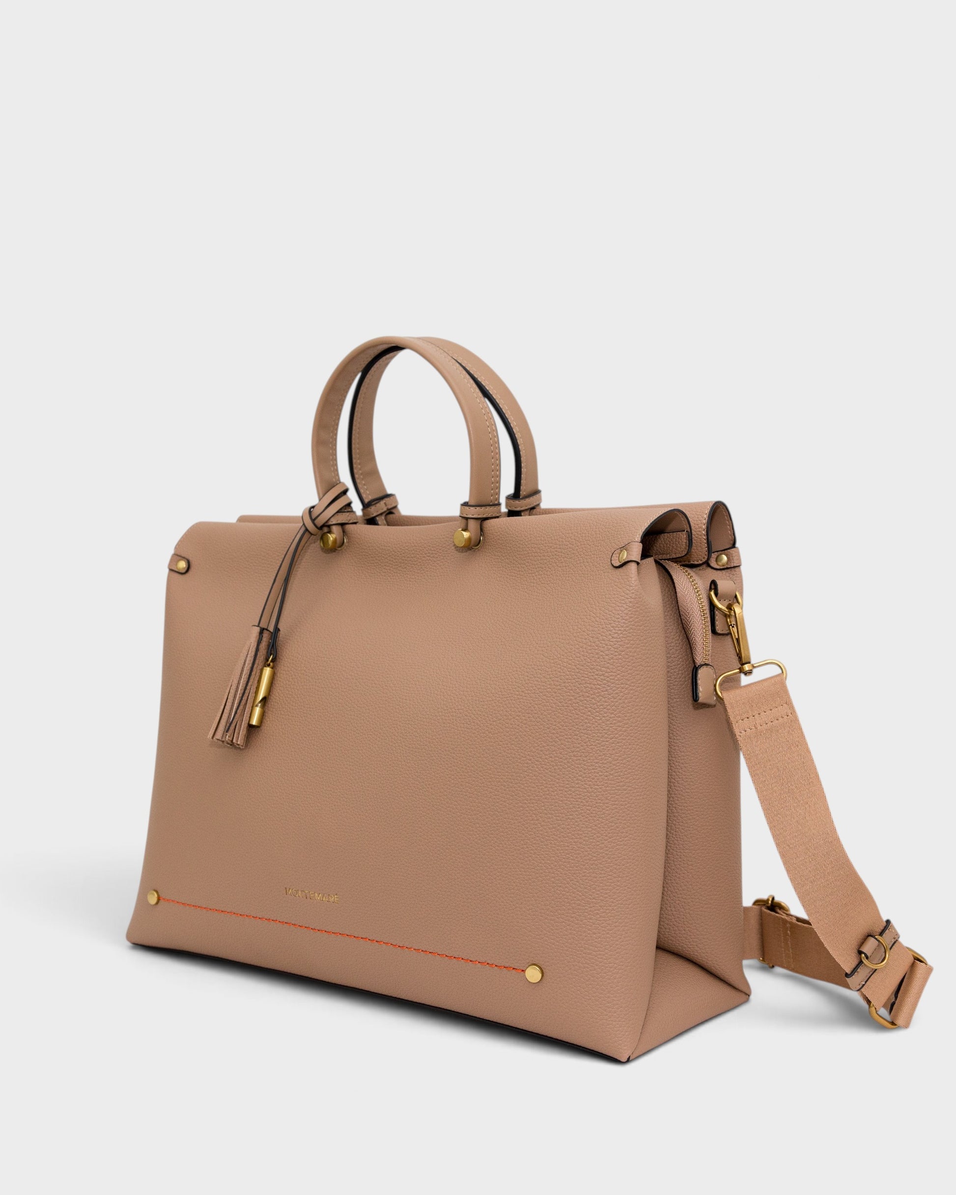 Beige handbag with gold accents on a white background